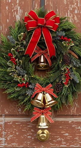 Festive Christmas Wreath Adorned with Red Bows and Golden Bells.