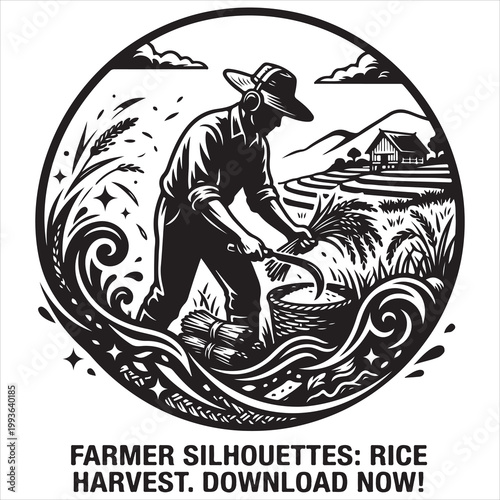 An illustration of farmer silhouettes harvesting rice, with a rural background and download prompt. isolated on white background, Vector