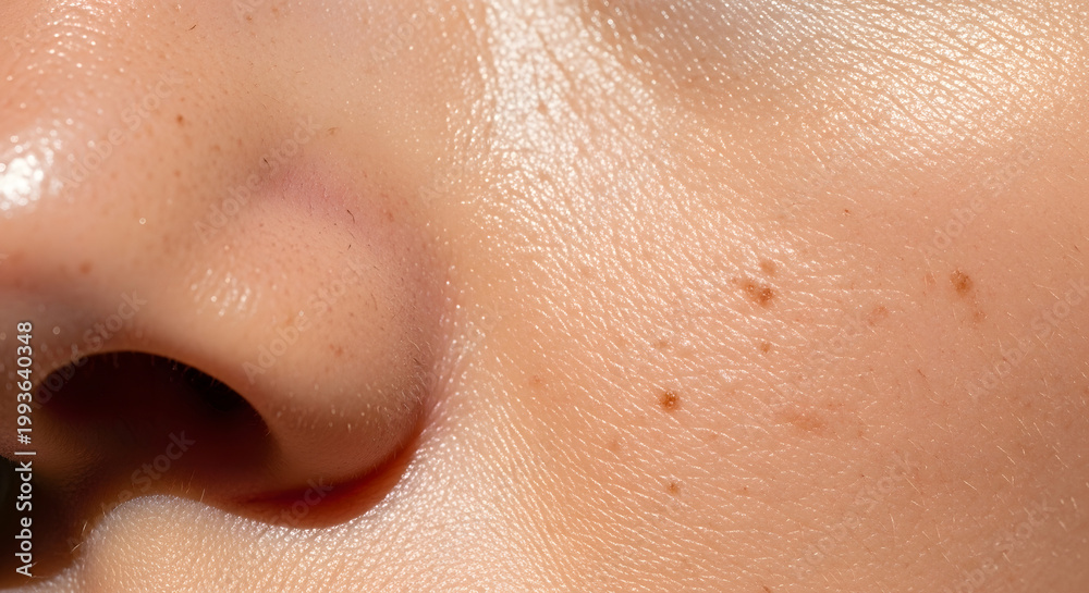 Fototapeta premium A close-up image of a person's nose and skin with freckles on the cheek; a close-up image showing the details of skin texture. Generative AI photo