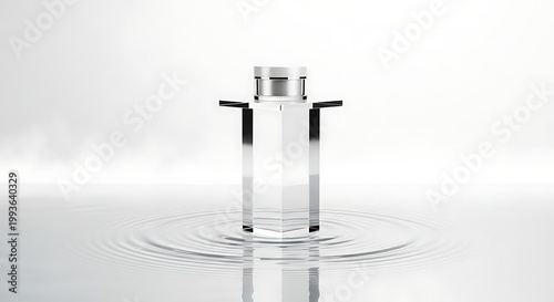 Minimalist Glass Bottle with Liquid and Ripples on a White Background.