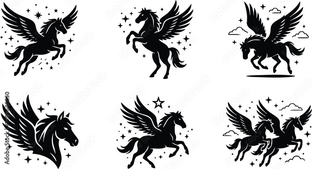 Fototapeta premium Black and white winged pegasus horse icons with stars and clouds