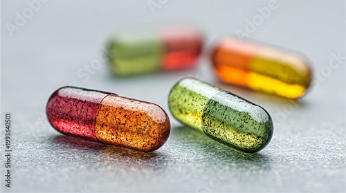 Vibrant pharmaceutical capsules in a close-up, showcasing a spectrum of colors and textures, with a shallow depth of field and a focus on medical innovation.