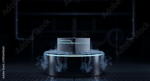 Futuristic Metallic Cylinder with Vapor and Illuminated Ring in Dark Environment.