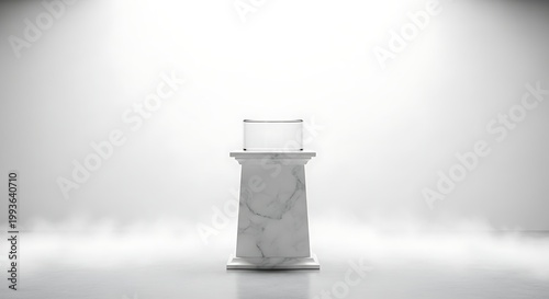 Elegant White Marble Pedestal with Glass Display Case on White Background.
