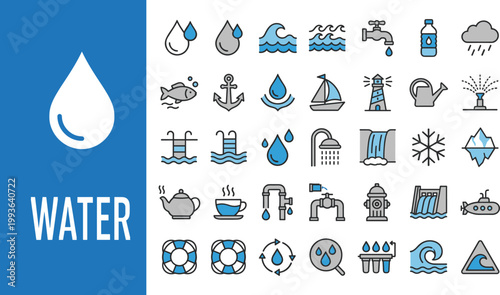 A set of blue and gray icons depicting various water related symbols, including droplets, waves, and objects, isolated on white background