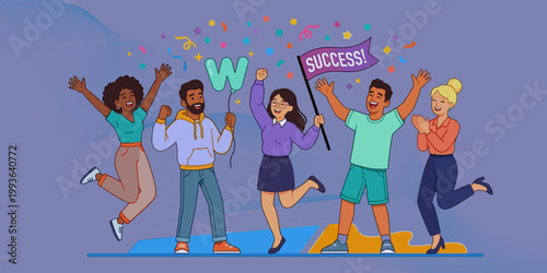 Diverse group of happy people celebrating success with confetti and balloons.