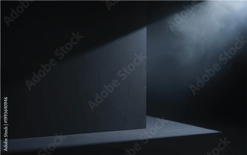 Empty dark abstract cement wall and studio room with smoke float up interior texture for display products wall background.
