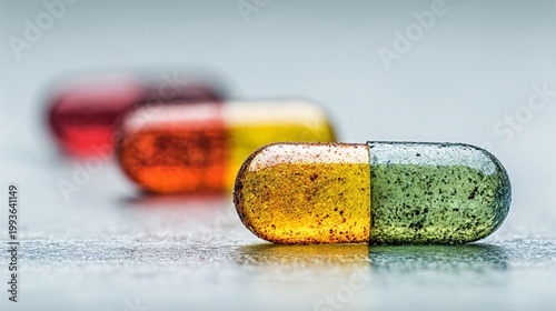 A detailed macro shot of pharmaceutical capsules, displaying a captivating blend of yellow and green hues, with a focus on texture and the concept of modern medicine.