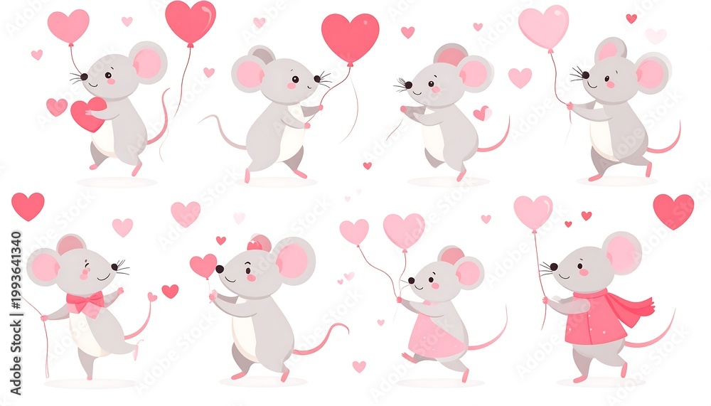 Obraz premium Adorable cartoon mice joyfully celebrate a special day, holding heart-shaped balloons and hearts
