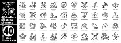 Agriculture machine learning line icons set. Smart farming technology, including data analysis, automated tractor drones, and precision agriculture sensors.