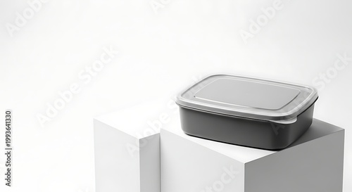 Minimalist Black and White Lunch Box on White Geometric Cubes.