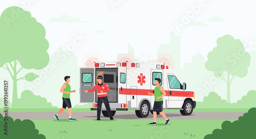 Paramedic Assists Runners Near Ambulance in Park, Emergency Medical Care Concept