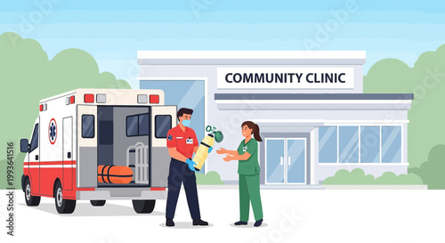 Paramedic delivers oxygen to nurse outside community clinic with ambulance