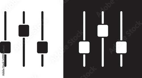 Audio mixer faders, illustration, black and white contrasting sliders on split background representing sound control music production and mixing interface design.