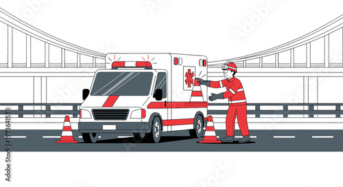 Paramedic directing traffic around an ambulance on a bridge, emergency scene management