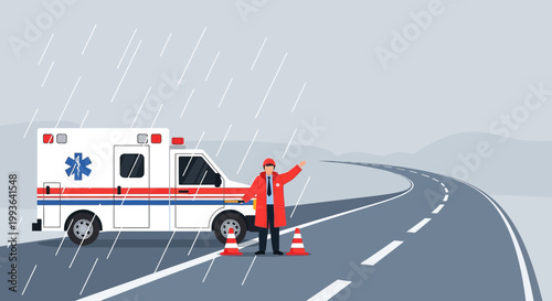 Paramedic directs traffic in rain next to ambulance on highway, emergency scene