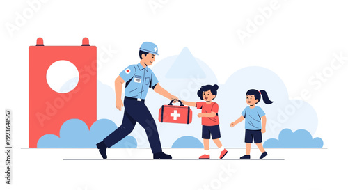 Paramedic Gives First Aid Kit to Children, Emergency Medical Help, Safety Concept
