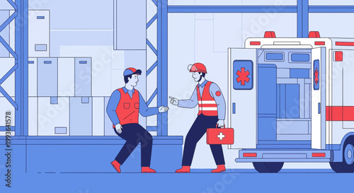 Paramedic giving first aid to injured worker near ambulance in warehouse