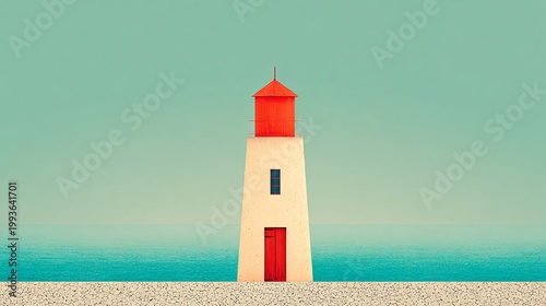 Serene coastal lighthouse with ivory tower and vibrant red accents, standing resilient against a tranquil turquoise sea and pastel sky.