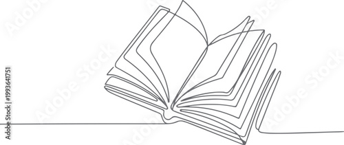 Minimalist black and white continuous line of an open book with pages fanning out reading literature