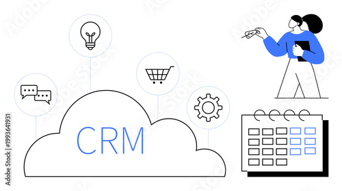 Customer relationship management, business strategy, team collaboration, data organization, workflow planning, cloud solutions. CRM cloud with icons for chat, gear cart and bulb. Customer