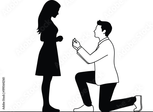 Romantic marriage proposal silhouette with kneeling man and woman, black and white vector illustration, engagement concept isolated on white background