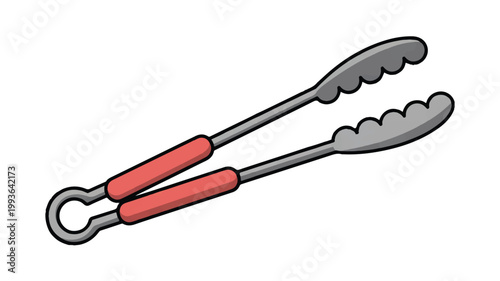 A pair of kitchen tongs with red handles and metal jaws for gripping food