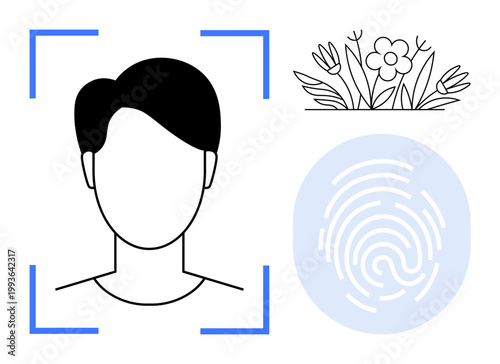 Identity verification, personal security, technology, biometrics, pattern recognition, digital authentication. Portrait face outline, fingerprint icon floral sketch. Identity verification