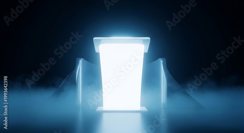Futuristic Podium with Glowing Light and Blue Haze in Dark Environment.