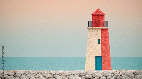 Unique coastal lighthouse with a mosaic-like red and ivory pattern, standing on a rocky shore against a soft, gradient-colored sky, AI art.