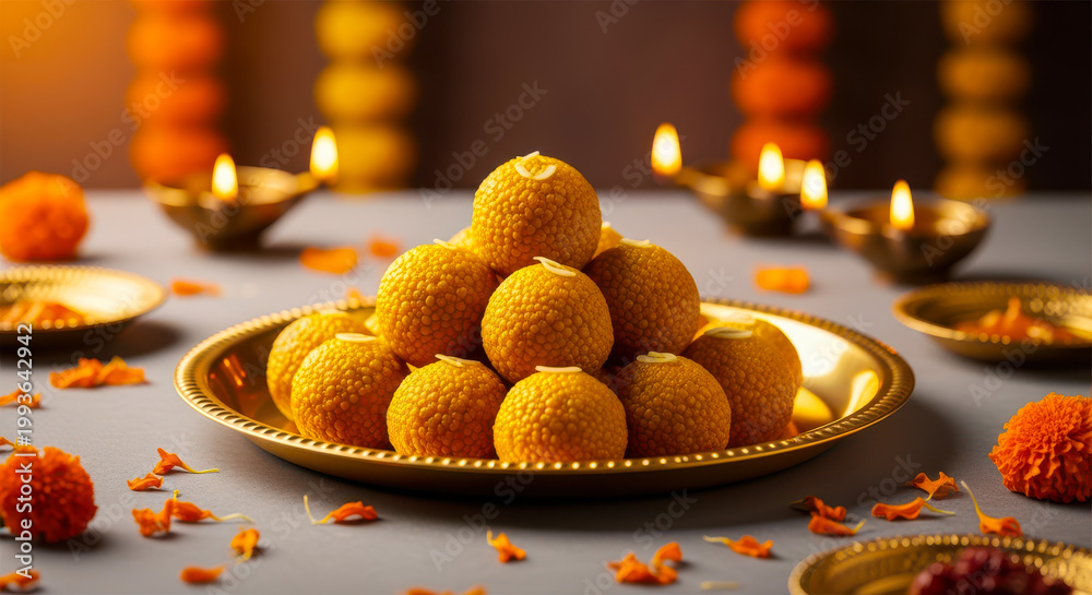 Fototapeta premium Traditional Indian laddu sweets on golden plate for Diwali celebration