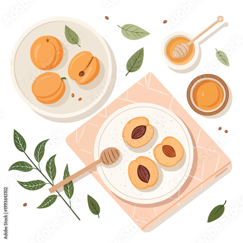 Fresh apricots, some whole and some halved with almonds, served with honey, on plates and a rustic wooden background.