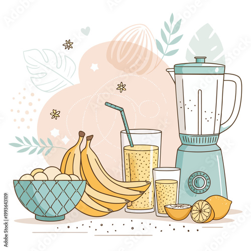 Refreshing fruit smoothie ingredients with blender bananas lemons and oranges prepared for a healthy drink.