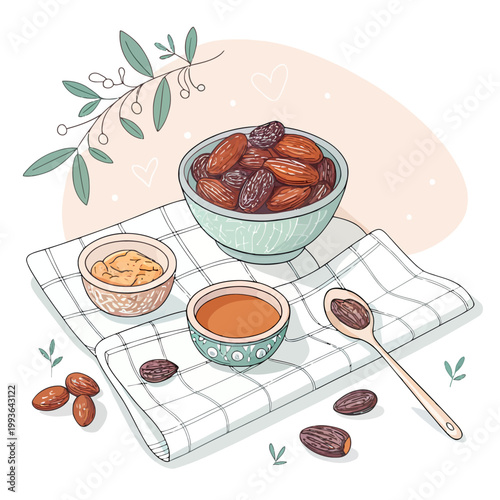Dry dates and almonds in ceramic bowls on plaid napkin with wooden spoon showing healthy middle eastern snacks and nuts for traditional festive breakfast meal design.
