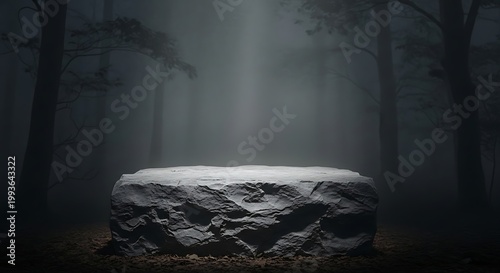 Mysterious Stone Platform in a Dark Forest with Dramatic Lighting.