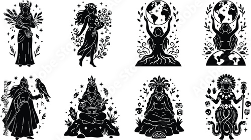 Black and white goddess figures holding plants earth and mystical symbols vector art