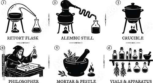 Black and white vintage alchemy retort flask alembic still crucible mortar and pestle vials apparatus with philosopher