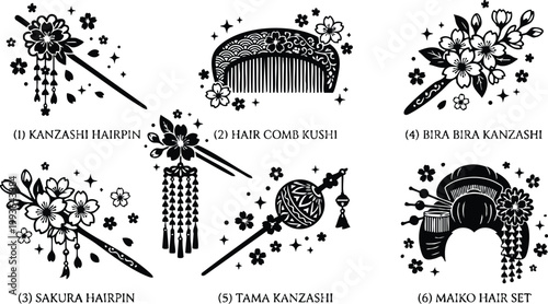 Traditional kanzashi hairpins and maiko hair set with floral details