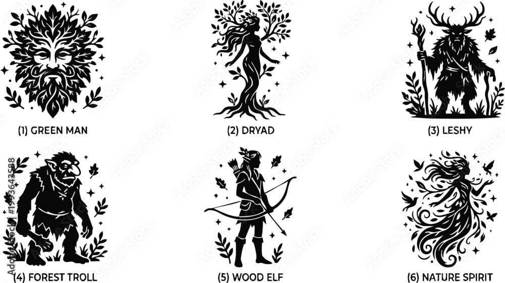 Fototapeta premium Green man dryad leshy forest troll wood elf and nature spirit silhouettes