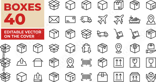 A diverse set of 40 vector box designs perfect for packaging, covers, and graphic design projects with editable features.