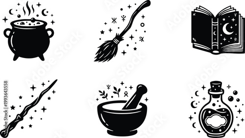 Black and white magical witchcraft icons including cauldron broom spellbook wand mortar and potion bottle