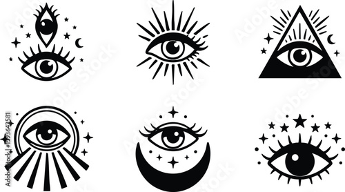Black and white mystic eye symbols with stars moon and rays vector art