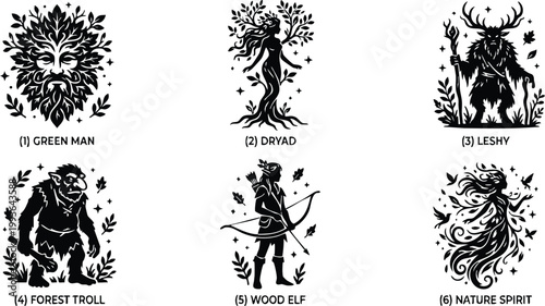 Green man dryad leshy forest troll wood elf and nature spirit silhouettes