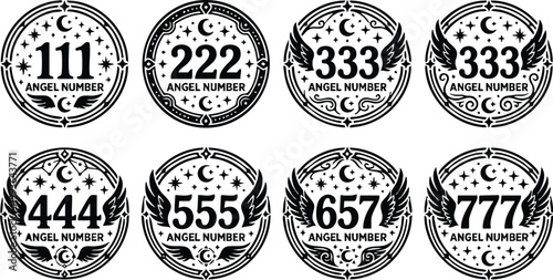 Black and white angel number badges with stars moon and wings vector art