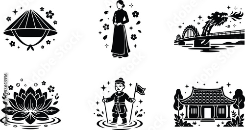 Vietnam culture icons woman lotus hat dragon bridge pagoda