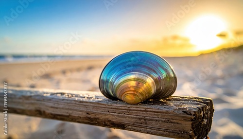 Colorful Shell on Driftwood at Sunset on Serene Beach Landscape
