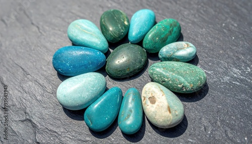 Colorful Collection of Smooth Stones Arranged in Circle on Slate