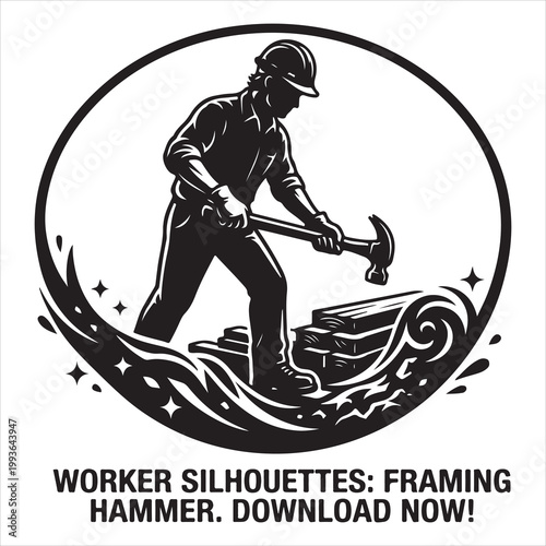 Worker silhouettes with hammer tool symbolizing strength and labor in design. isolated on white background, Vector