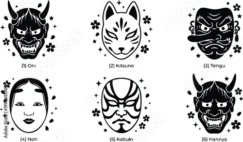 Traditional japanese oni kitsune tengu noh kabuki and hannya masks with floral elements