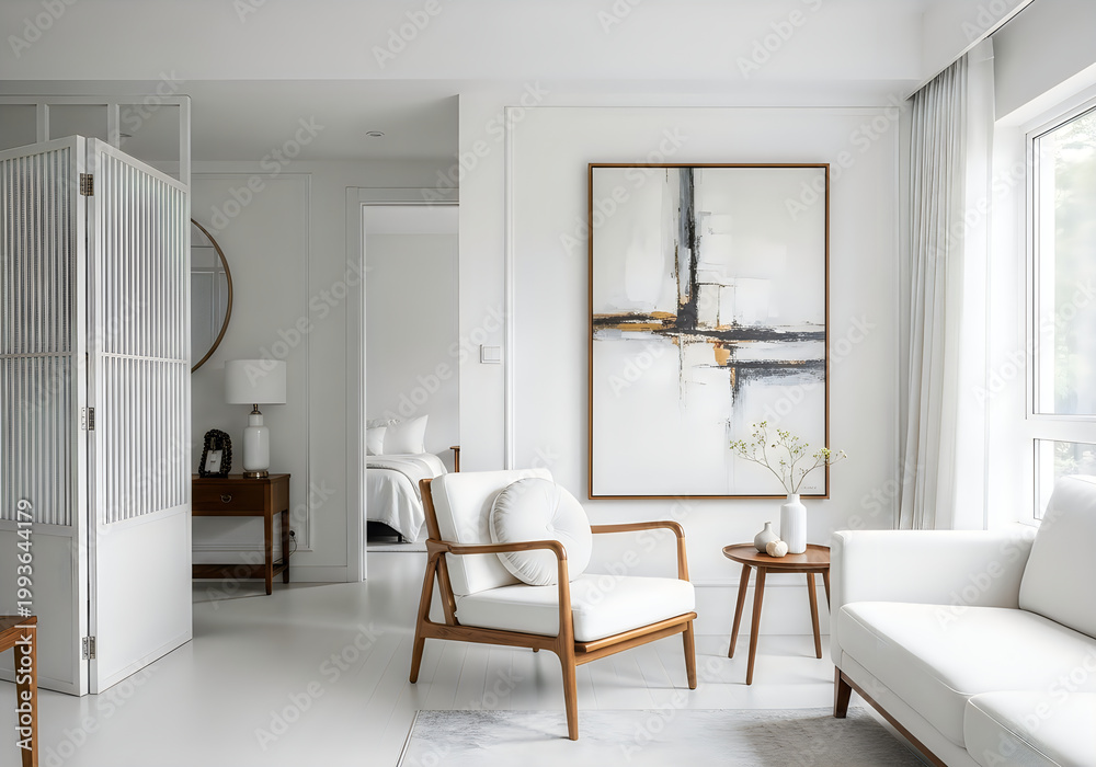 Fototapeta premium Serene minimalist living room with natural light a modern interior design showcase featuring neutral tones and artistic accents